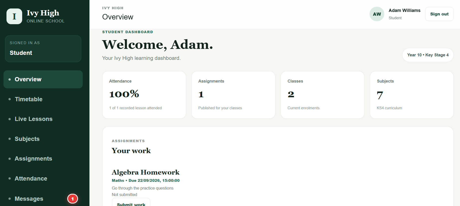Ivy High Student Platform dashboard